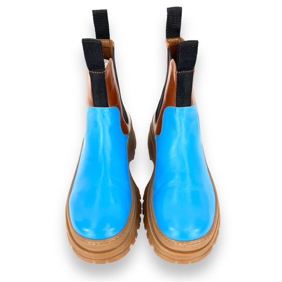 [sold] Marimekko Brown & Turquoise Color Blocked Platform Leather Chelsea Boots - Picture 3 of 5